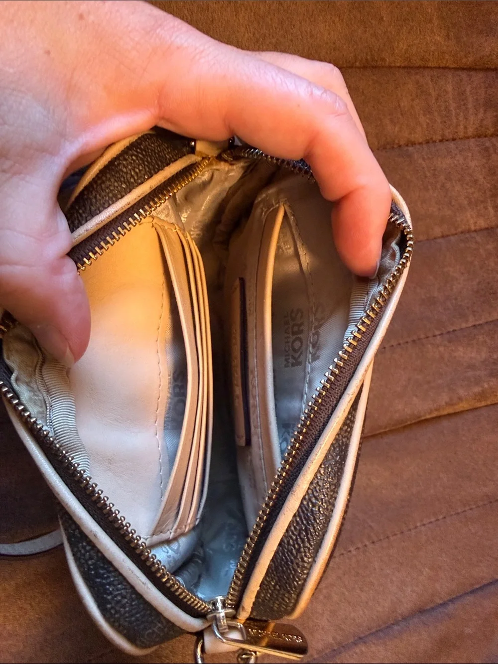Michael Kors Brown and Gold MK Logo Crossbody Camera Bag